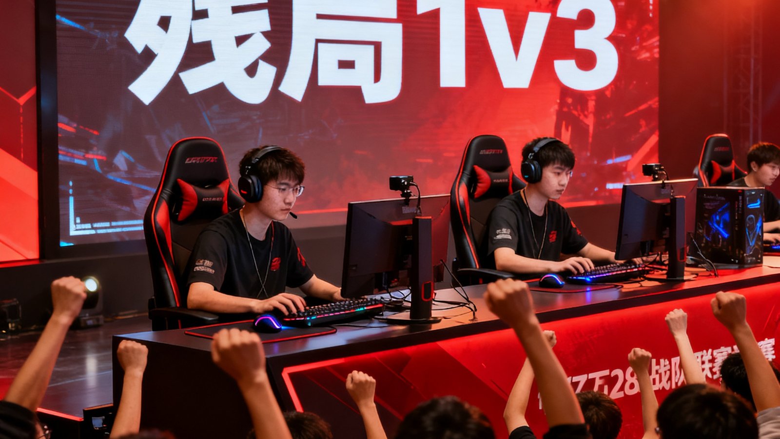 电竞新闻配图：亿万28战队联赛决赛舞台上选手专注操作，大屏幕显示残局1v3，台下观众起立欢呼