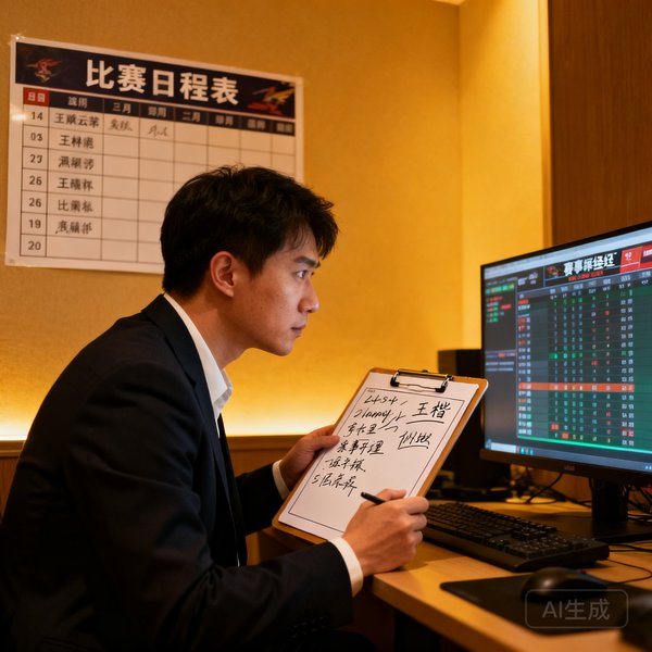 赛事运营经理王楷，手持战术板盯电脑屏幕，背景是比赛日程表
