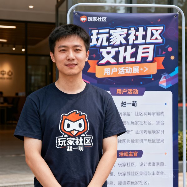 社区主管赵一萌，穿着玩家社区文化衫，与用户活动展板合影